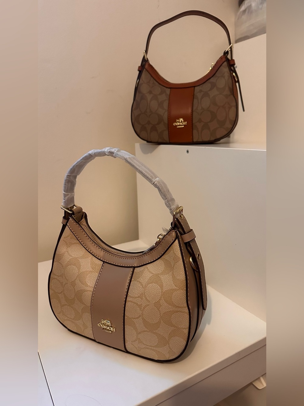 Tan  Canvas Shoulder Bag with Leather Trim